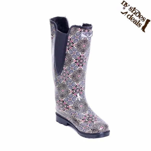 Womens Rubber Rain Boots with Faux Fur Lining, Kaleidoscope Design - Picture 1 of 4